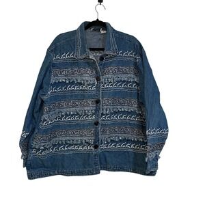 Keren Hart Denim Jacket Women 4X Embroidered Fringe Boho Y2K